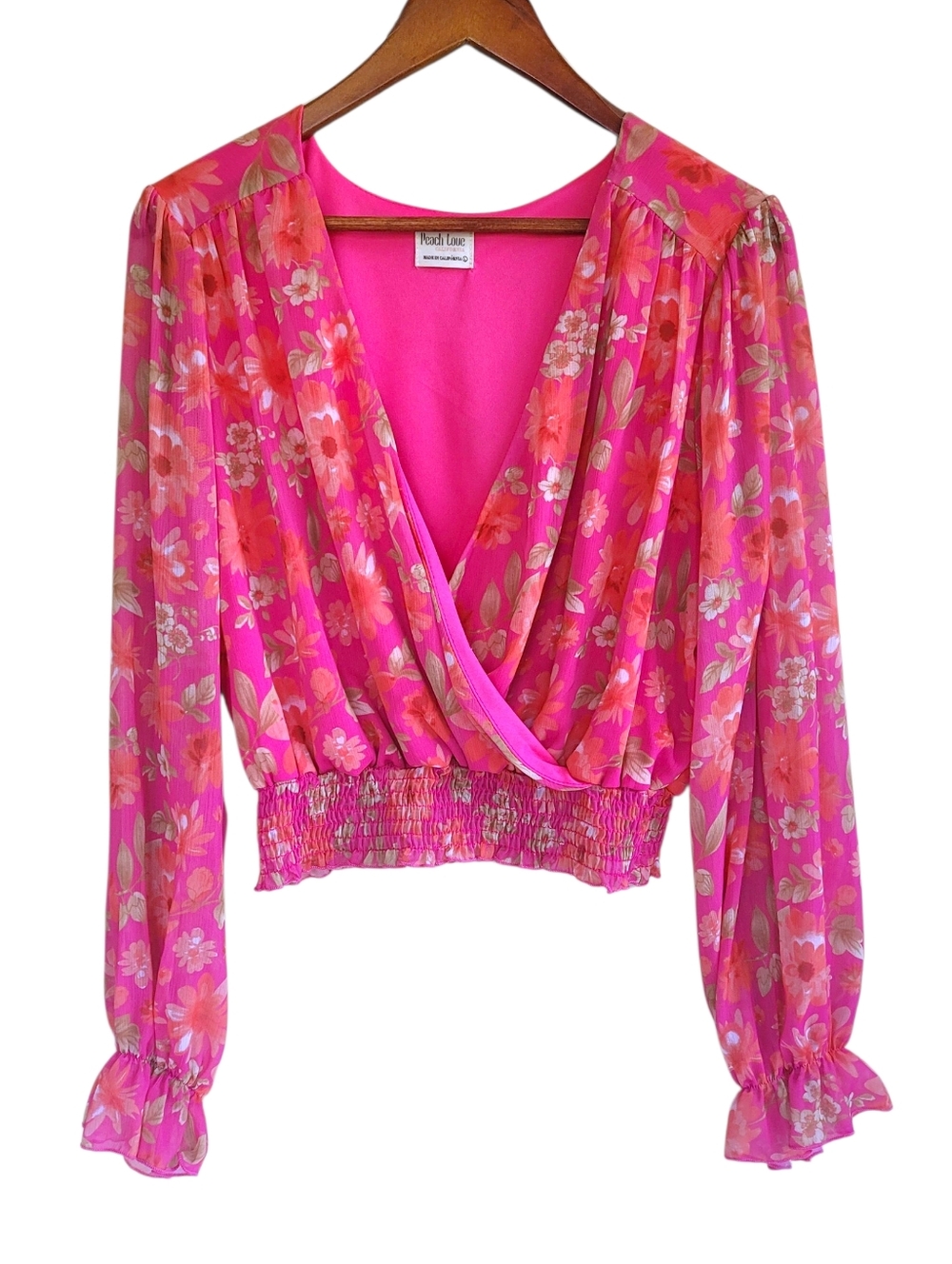Peach Love Floral Crossover Long Sheer Sleeve Crop Top Pink Womens Large - Picture 2 of 7
